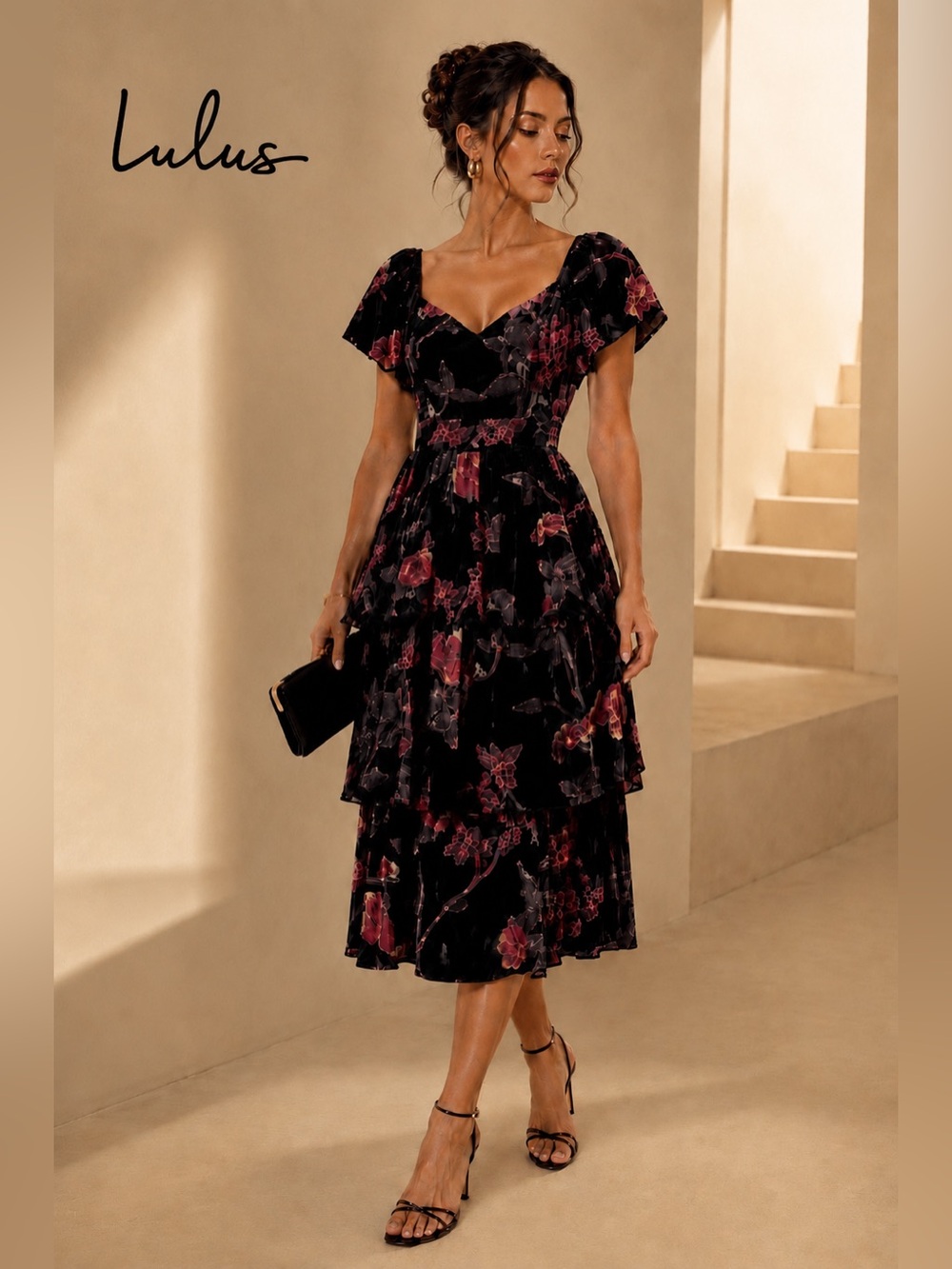 Lulu's Black Floral Tiered Midi Dress